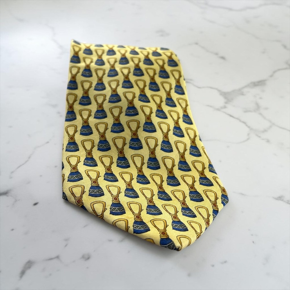 Aquascutum Silk Tie Yellow Tassel Print Equestrian Made in England Ivy League